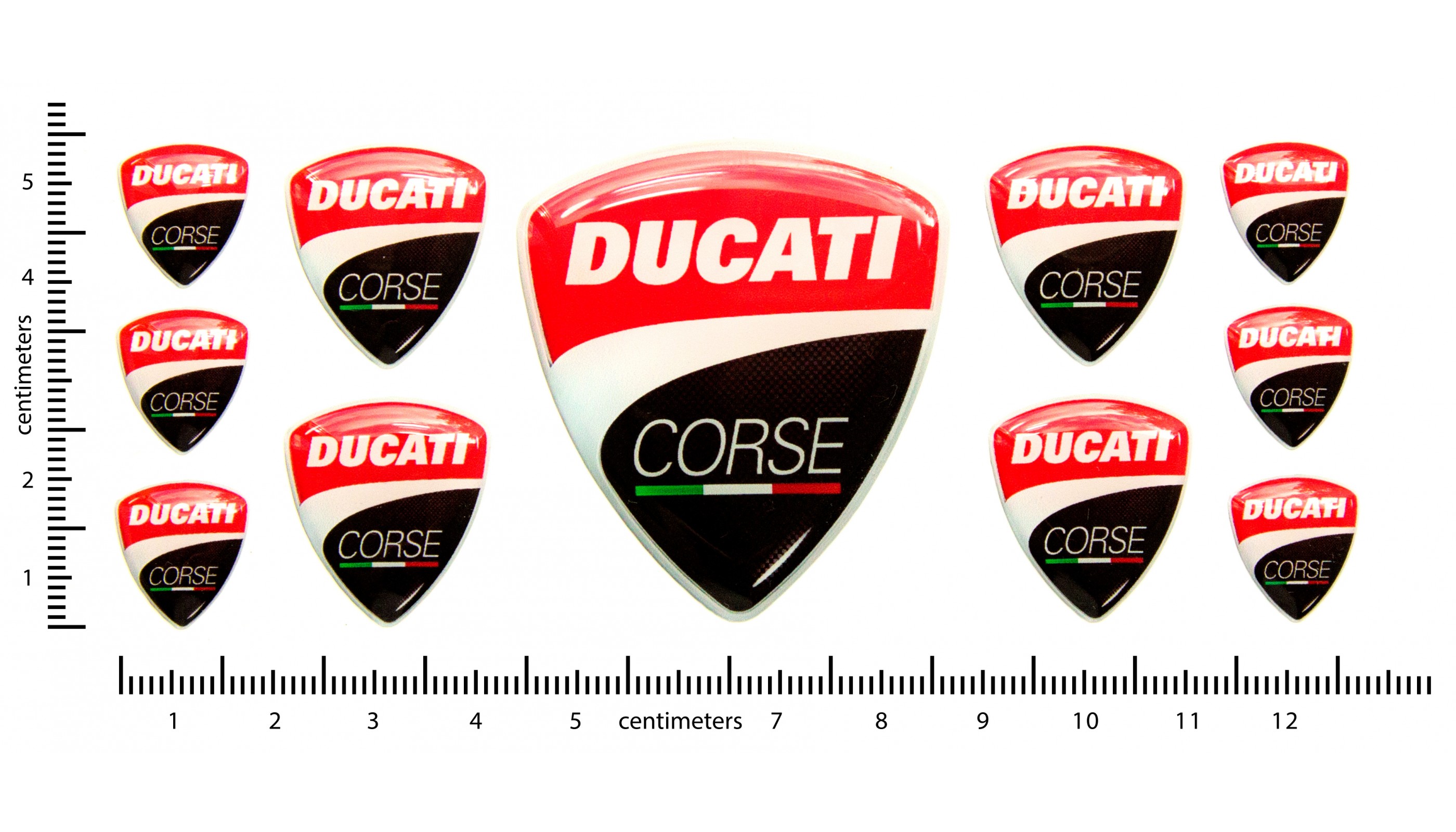 48x50 mm. 2 pcs Ducati Corse logo 3D Domed Stickers 